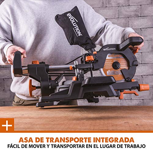 Evolution Power Tools - R210SMS-300+ Ingletadora deslizante multimaterial de 210 mm (230 V), con paquete plus, Corta acero dulce, aluminio, plástico, madera con clavos incrustados