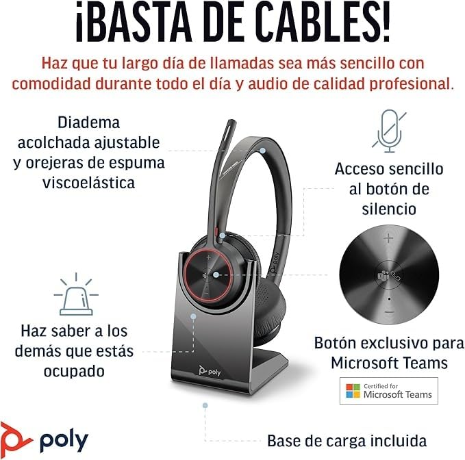 Auriculares inalámbricos Poly Voyager 4320 UC y soporte de carga - Audífonos estéreo con micrófono de brazo con cancelación de ruido - Conexión Bluetooth a PC/Mac/teléfono móvil - Teams (certificado)