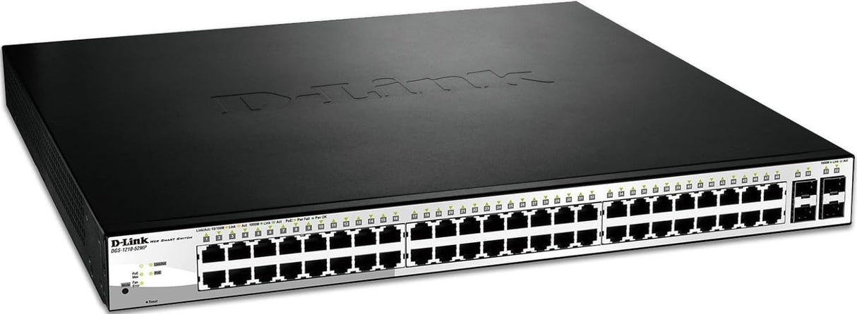 D-Link DGS-1210-52MP - Switch PoE 52 Puertos Gigabit y 4 Puertos SFP Combo (48 x PoE máx. 30 W por Puerto hasta un Total 370 W máx., Altura 1U, VLAN automática para Video vigilancia y telefonía IP)