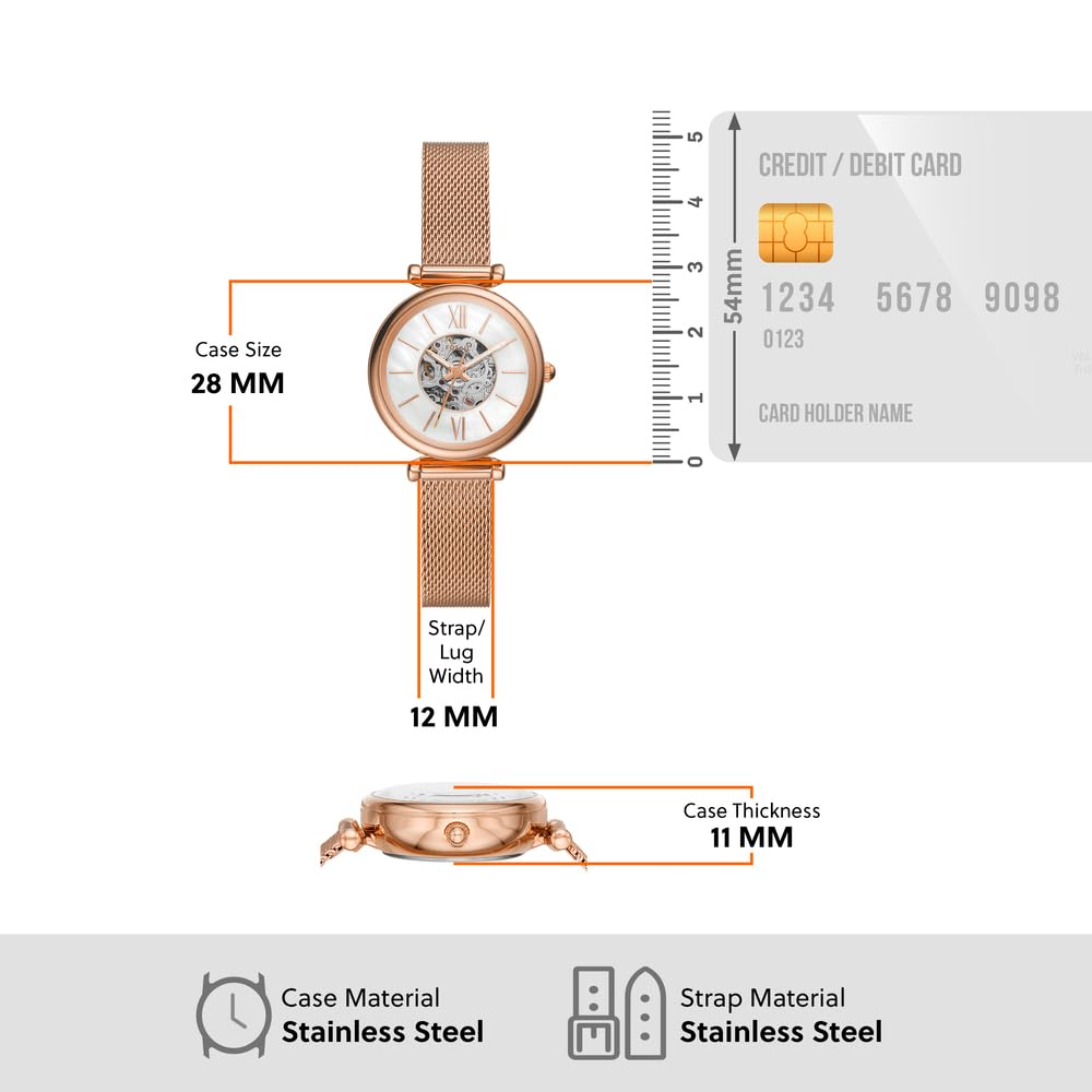 Fossil Carlie Reloj para mujer, movimiento automático con malla de acero inoxidable o correa de piel, Blanco y oro rosa, 28MM
