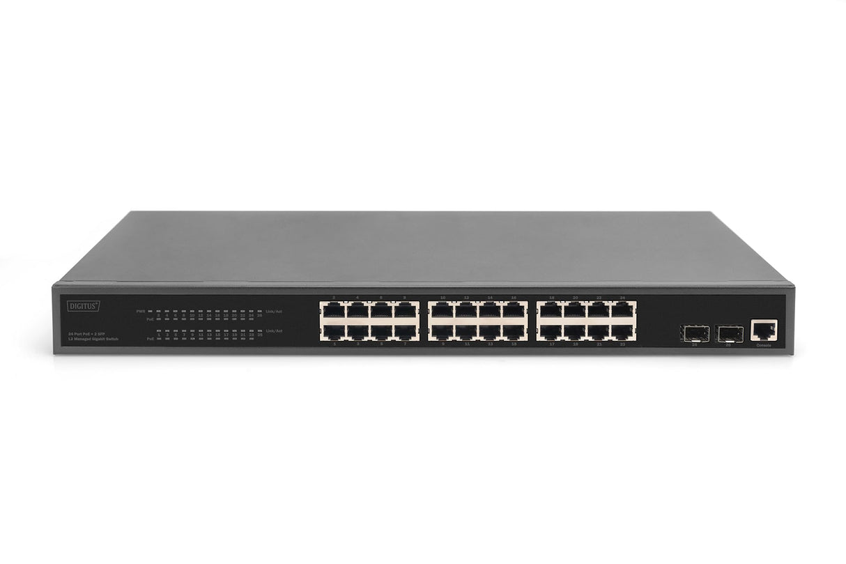 DIGITUS Conmutador de Red PoE Gigabit Gestionado de 27 Puertos - 24 Puertos RJ45 - 2 Puertos SFP - 1 Puerto de Consola - 450W PoE Presupuesto - Características L2 - 19 Pulgadas