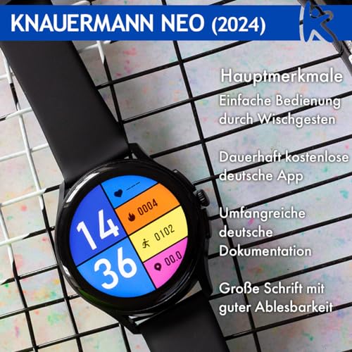 Knauermann Neo (2024) - Reloj de Salud Smartwatch - Función ECG + HRV - BT Bluetooth - Apnea del Sueño, Plata, Normal, Redondo