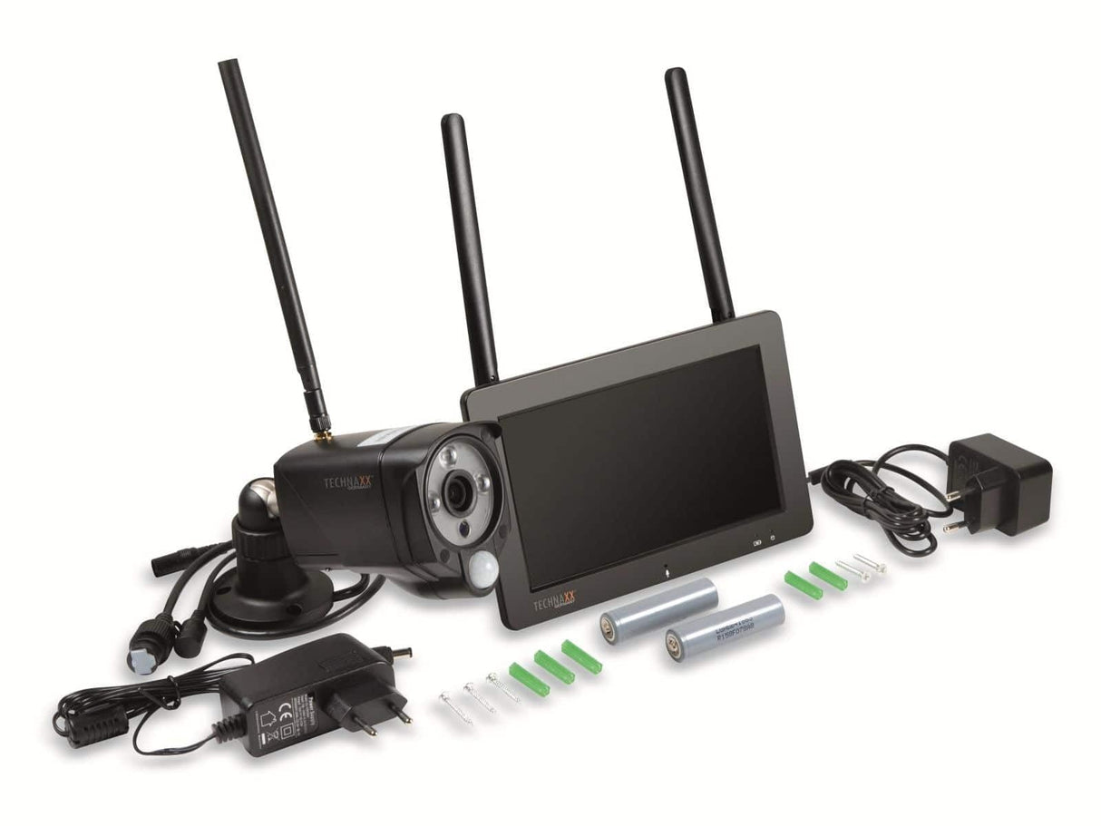 Technaxx Conjunto de cámara de vigilancia de Seguridad inalámbrica TX-128 - FullHD, Pantalla táctil de 7'', Monitor PIR, visión Nocturna, función de Alarma, notificaciones automáticas (Negro)
