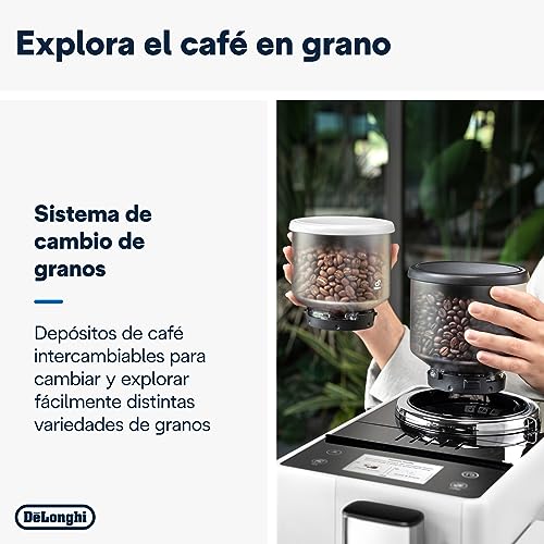 De'Longhi Rivelia EXAM440.55.W, Cafetera Superautomática con LatteCrema Hot, Espumador de Leche Automático, Tamaño Compacto, 16 Recetas, Pantalla Táctil a Color, Blanco Ártico