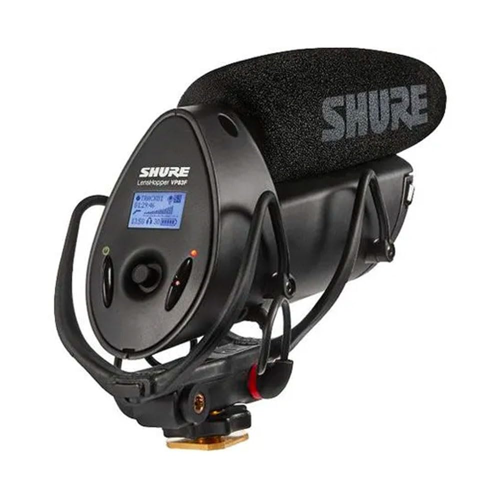 Shure VP83F Lenshopper Condenser de la cámara Micrófono de escopeta con grabación de flash digital integrado: parabrisas, inmunidad de RF superior, LCD retroiluminada, montaje de choque de lira Rycote