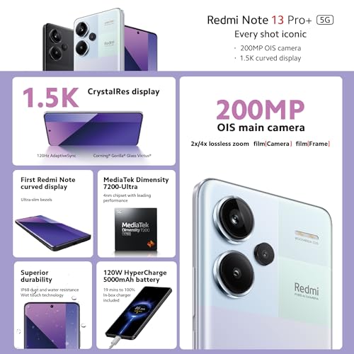 Xiaomi Redmi Note 13 Pro+ 5G Midnight Black - Smartphone 12+512GB, procesador MediaTek 4nm, cámara de 200MP, HyperCharge de 120W, pantalla curva 3D, protección contra el polvo y el agua (versión del