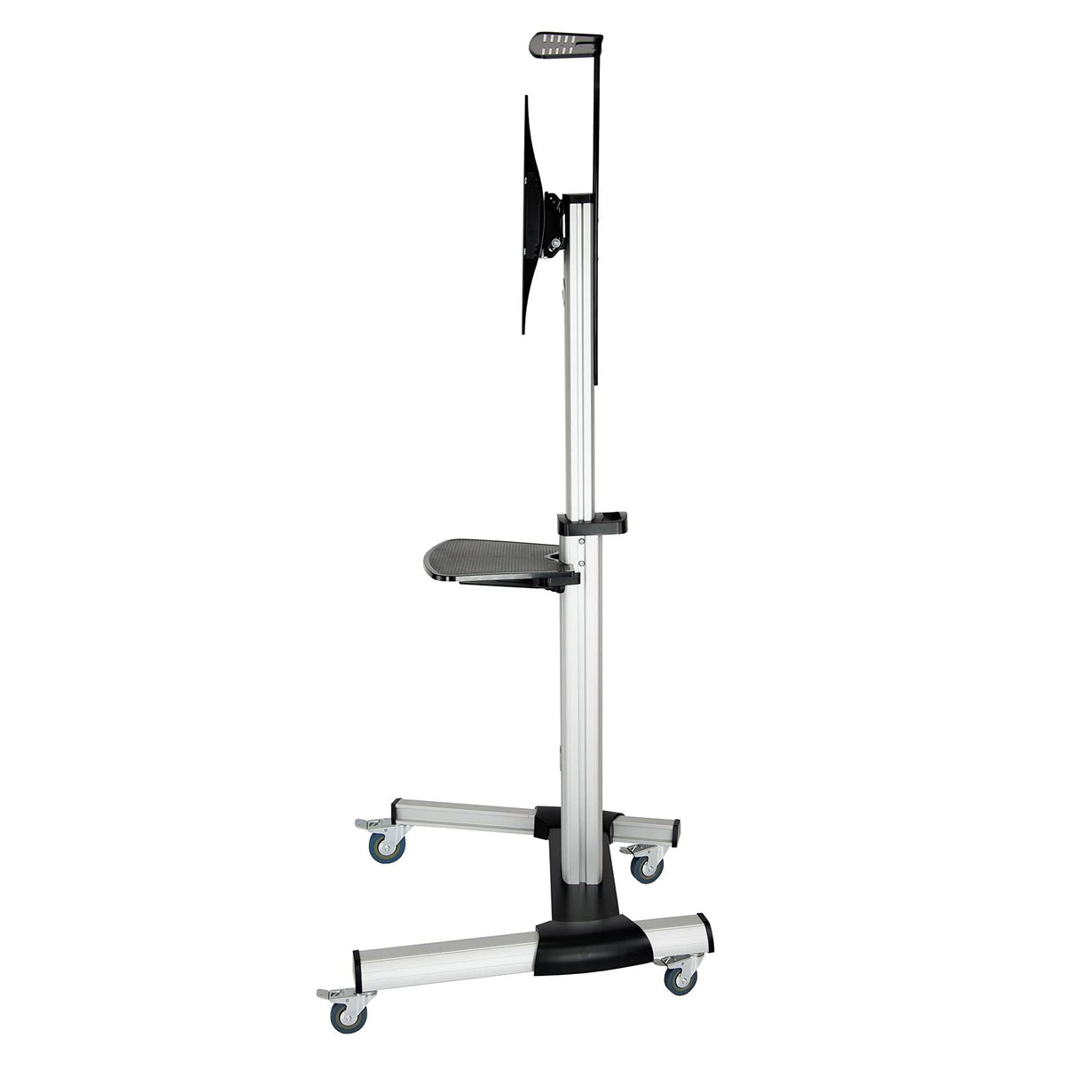 Soporte de suelo con ruedas para TV de posición horizontal o vertical, compatible con pantallas de 37 a 70 pulgadas. Ideal para ajustar el ángulo de visión y facilitar el traslado.