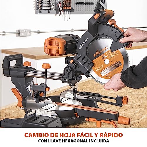 Evolution Power Tools R255SMS-DB ingletadora, Sierra ingletadora deslizante multimaterial de 255 mm, con doble bisel y paquete plus, hasta 300 mm x 90 mm, 5° a izquierda y derecha, inglete de 50°