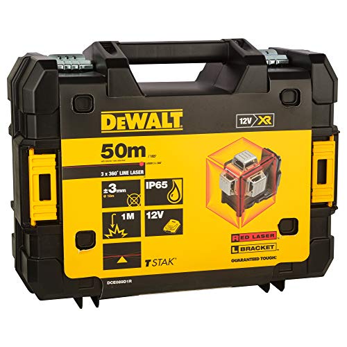 DEWALT DCE089D1R-QW - Láser Autonivelante 3 Líneas 360º con Batería DW 12V, Alcance 30m (50m con receptor), Precisión +/-3mm@10m, IP65 Resistente, Incluye Maletín y Accesorios