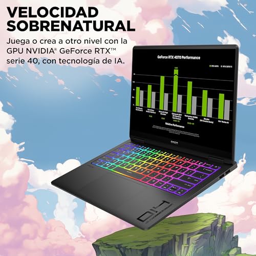 HP OMEN Transcend 14-fb1010ns - Ordenador Portátil Gaming de 14" OLED 3K 120Hz (Intel Ultra 9-285H, 32GB RAM, 1 TB, NVIDIA GeForce RTX 5070, Windows) Negro - Teclado QWERTY Español