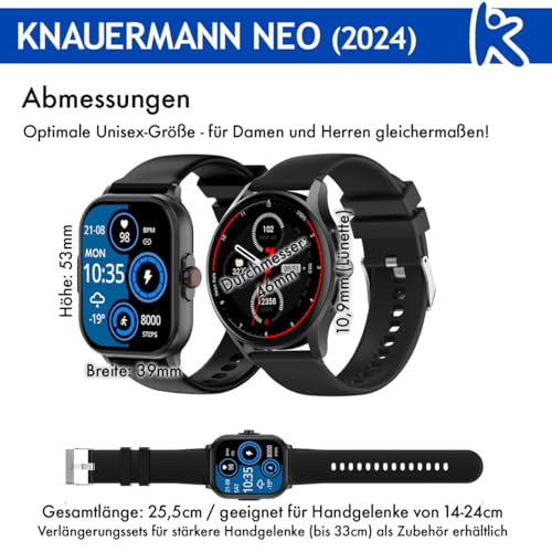 Knauermann Neo (2024) - Reloj de Salud Smartwatch - Función ECG + HRV - BT Bluetooth - Apnea del Sueño, Plata, Normal, Redondo
