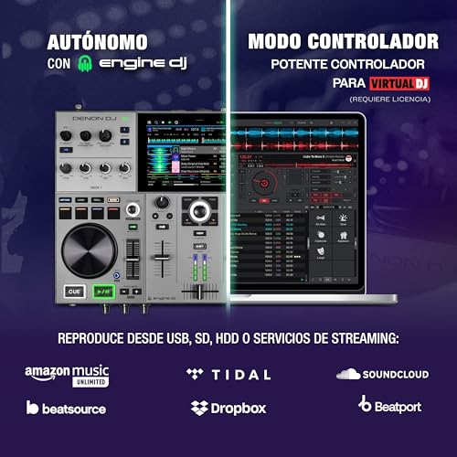 Denon DJ PRIME GO+ Controlador DJ portátil y mezclador con separación de stems, 2 decks, streaming por wifi, Bluetooth, control de luces y pantalla 7"