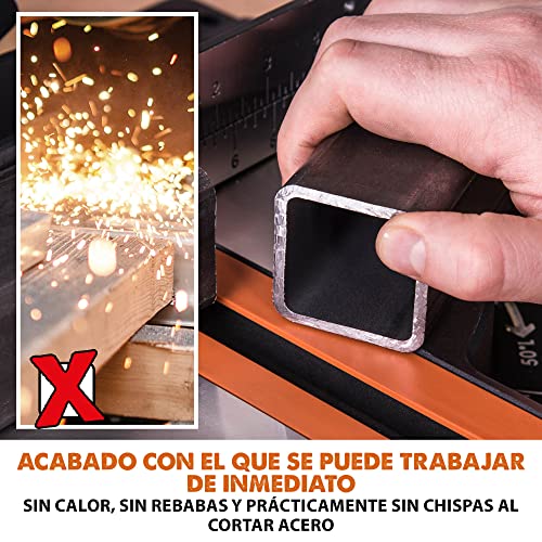 Evolution Sierra ingletadora deslizante de 185 mm (R185SMS+) de Evolution con corte multimaterial; bisel de 45°, inglete de 50°; guía láser. Incluye hoja multiusos
