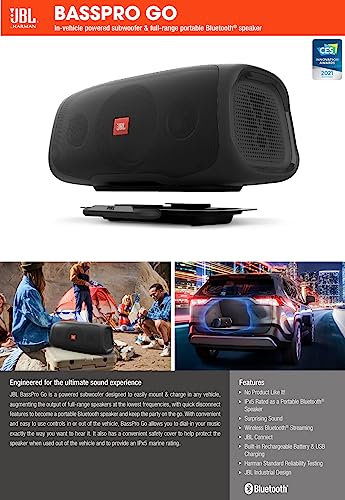 JBL BASSPRO Go - 2 en 1: Subwoofer activo para coche y altavoz Bluetooth JBL de 200 vatios en uno de Harman Kardon - Se puede usar en el coche y al lado