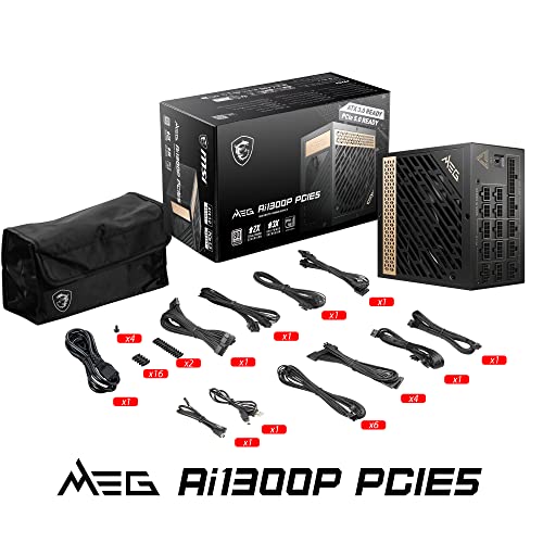 MSI Meg AI1300P PCIE5 Fuente de Alimentación 1300W, 80+ Platinum, ATX 3.0 Totalmente Modular, Soporte GPU PCIe 5.0, Ventilador 120 mm