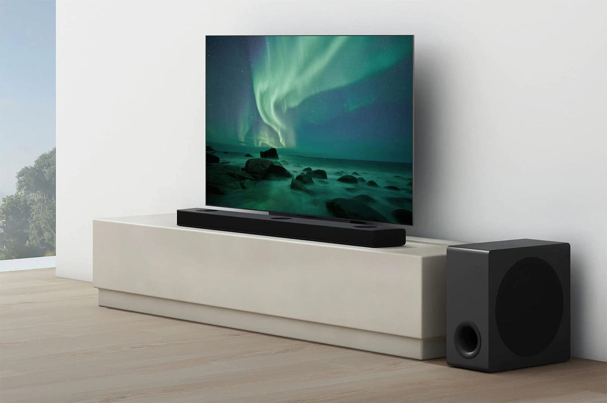 LG S90QY - Barra de sonido TV 570 W, 5.1.3 canales con subwoofer inalámbrico, 3 canales up-firing, audio Meridian, Dolby Atmos, DTS:X, IMAX Enhanced, Bluetooth, Wi-Fi, entrada óptica, USB, HDMI in/out