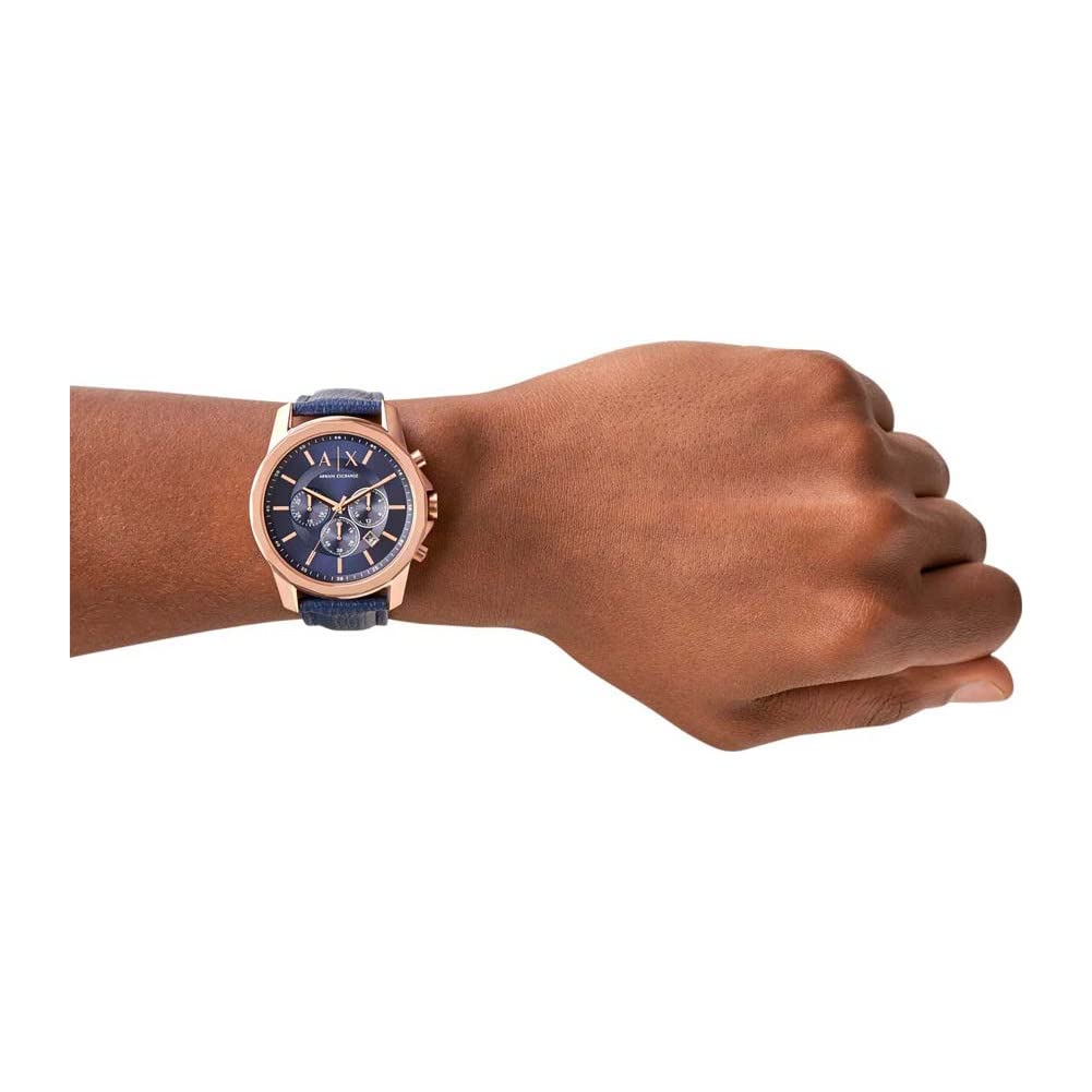 Armani Exchange Reloj hombre, movimiento cronógrafo cuarzo y caja 44mm con correa piel, Azul y tono oro rosa