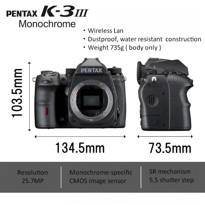 Pentax K-3 Mark III Monochrome Body Black APS-C DSLR Camera - Campo de visión 100%, Visor óptico, 5-Axis 5.5 Step In-Body SR, ISO 1,600,000, Resistente a la Intemperie, MAX 12fps, Pantalla táctil