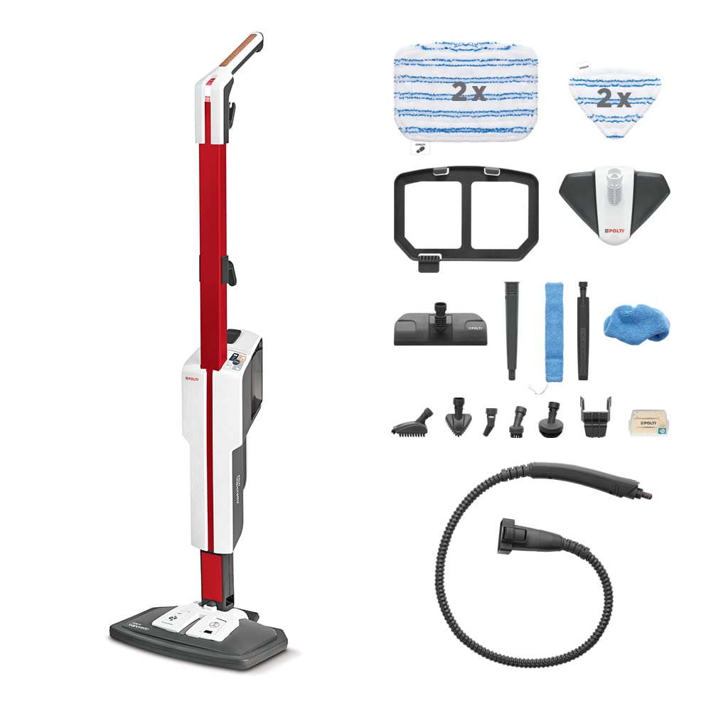 Polti Vaporetto SV650 Style, Escoba a Vapor con Limpiador Portátil Integrado, Potencia Máxima 1500 W, 19 Accesorios, Filtro Antical, Autonomía Ilimitada, Parking Vertical, Rojo y Blanco