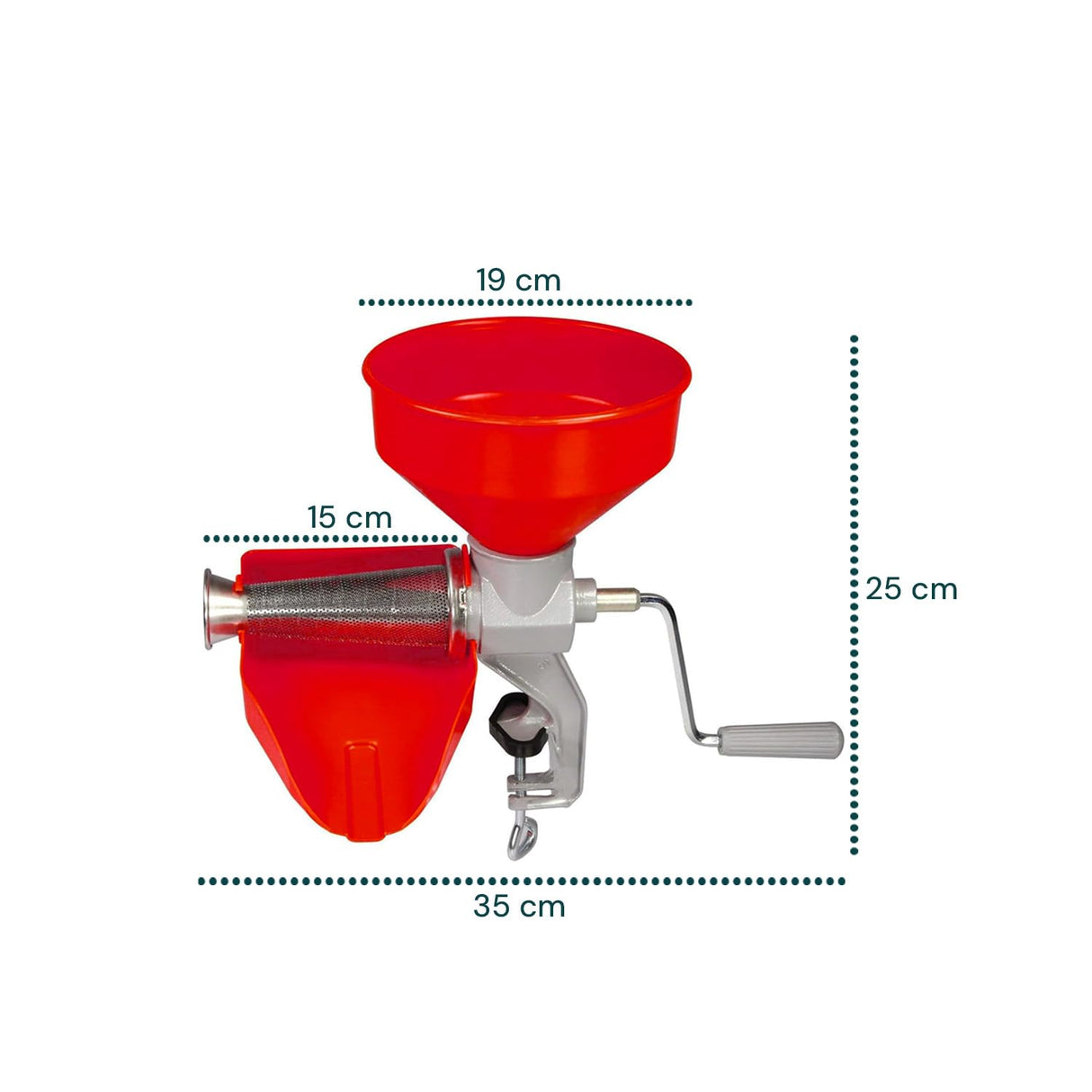 Wintem Exprimidor manual rojo 45 × 28,5 × 37 cm – Hecho de hierro fundido y acero inoxidable es resistente y duradero – Hélice eje tomate de resina acetálica resiste más de 220 °C – Fijación con
