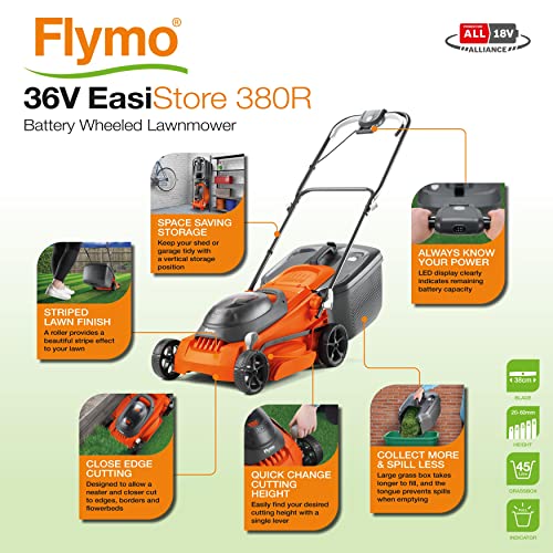 Flymo EasiStore 380R - Kit de cortacésped con batería Li, 36 V, 38 cm de Ancho de Corte, Corte de Borde cercano, Rodillo Trasero, 45 L, Power 4 All Battery Alliance, 970538501, Naranja y Gris