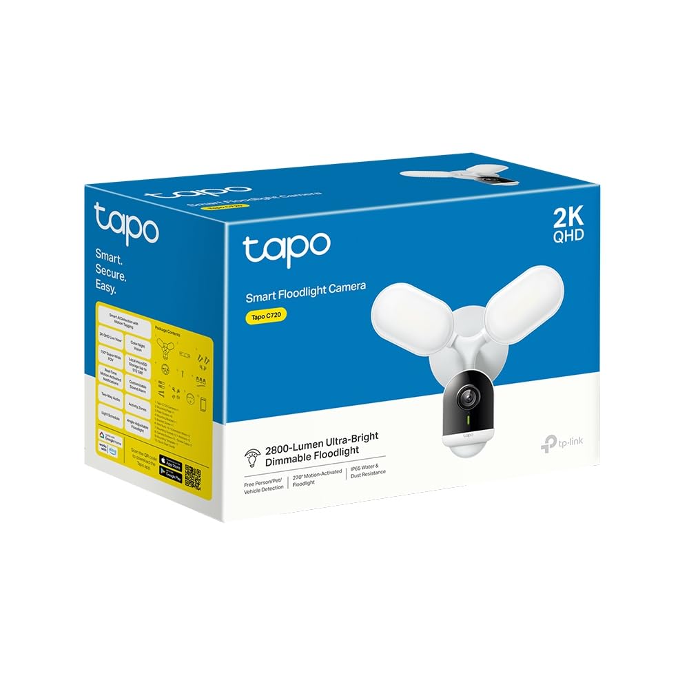Tapo C720 - Cámara Wi-Fi Externa 2K 4 MP, visión Nocturna y proyectores de 2800 lúmenes, Control de luminosidad y Disparador de activación, detección Inteligente AI, microSD hasta 512 G, IP65, Solo