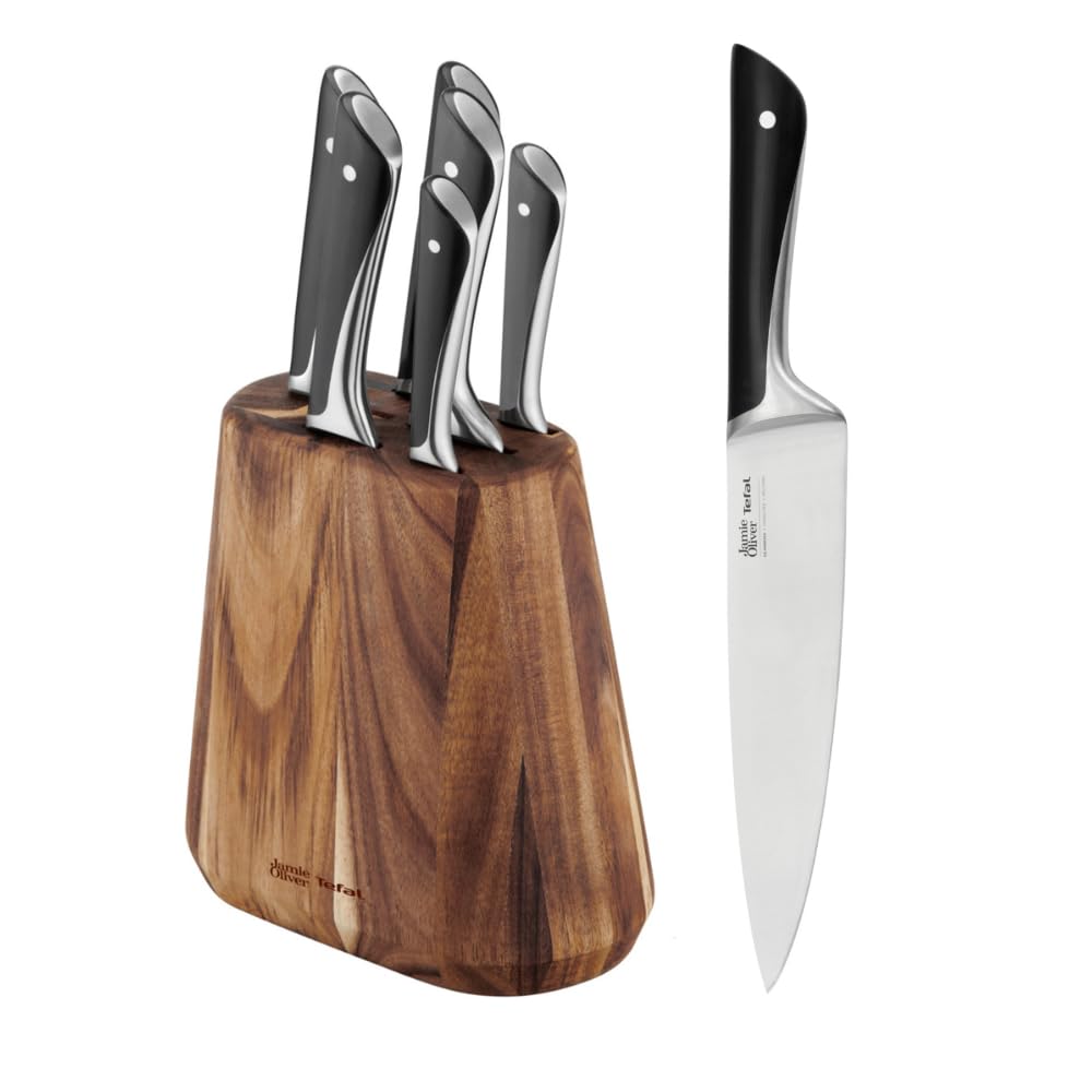 Tefal Jamie Oliver by K267S7 - Bloque de cuchillos de cocina de 7 piezas, 6 cuchillos de cocina + madera, alto rendimiento de corte, diseño distintivo, cuchillas resistentes y duraderas, marrón/negro