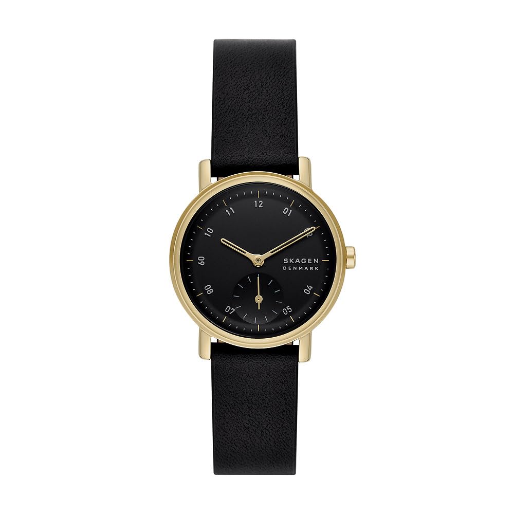Skagen Kuppel reloj para mujer, movimiento de cuarzo con correa de acero o piel, Negro y tono dorado, 32MM