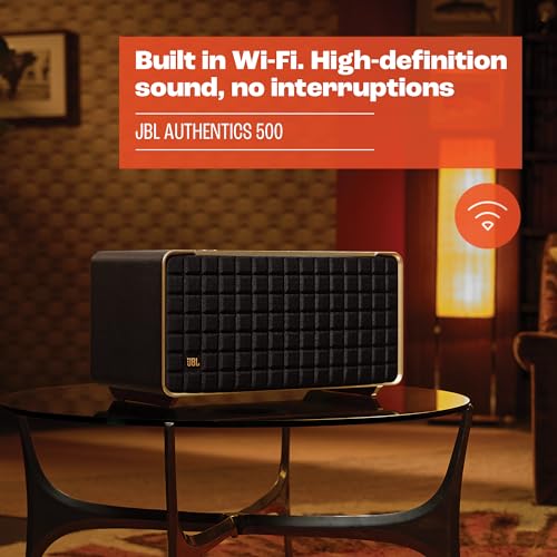 JBL Authentics 500, altavoz inteligente conectado de alta fidelidad, con WiFi, Bluetooth y asistente de voz, Dolby Atmos, diseño retro, negro