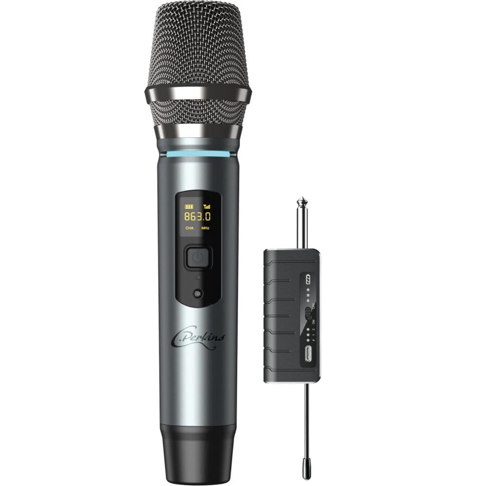 C.Perkins - Mic-Pro-HF - Micrófono de Mano inalámbrico UHF a Pilas y Receptor Jack de 6,35 mm - UHF 863-865MHz - Metal Gris