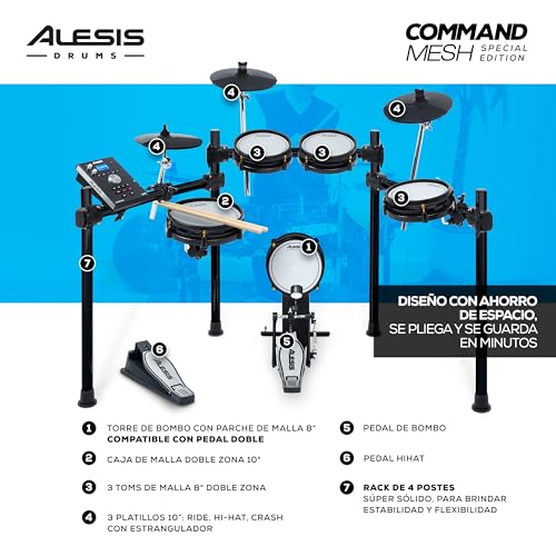 Alesis Command Mesh SE Kit Set de Batería Electrónica, Parches de Malla Doble Zona, Conexiones MIDI USB, 600 Sonidos Batería Eléctrica y Acústica