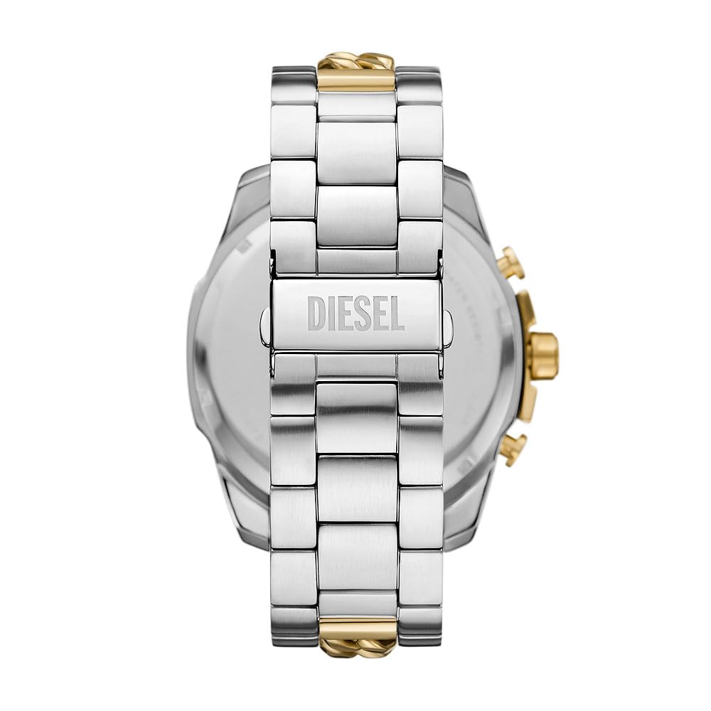 Diesel Reloj Mega Chief para Hombre, Movimiento cronógrafo con Correa de Acero Inoxidable, Tono Oro y Plata, 51 mm