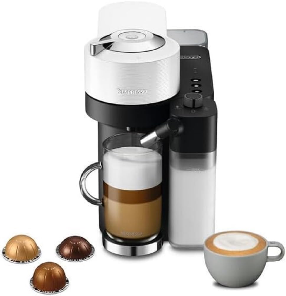 Nespresso De'Longhi Vertuo Lattissima ENV300.W, Máquina de Café Automática con Espumador de Leche Automático, Cafetera de Cápsulas de Servicio Individual, 5 Tamaños de Taza, 1500W, Blanco