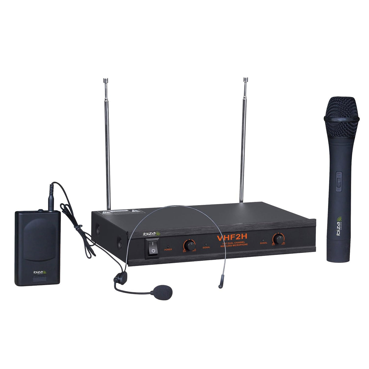 Ibiza - VHF2H - Sistema de microfonía inalámbrica con 1 micrófono de Mano VHF, 1 micrófono de Diadema VHF y 1 Receptor - 2 Canales 203.5 & 207.5MHz - Negro