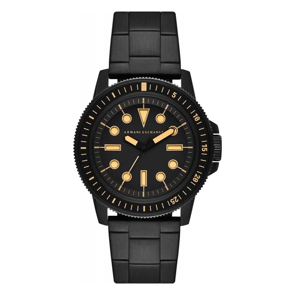Armani Exchange Relojes para hombre, Movimiento fecha trifunción de cuarzo y caja de 44 mm con correa de acero, Negro y tono dorado