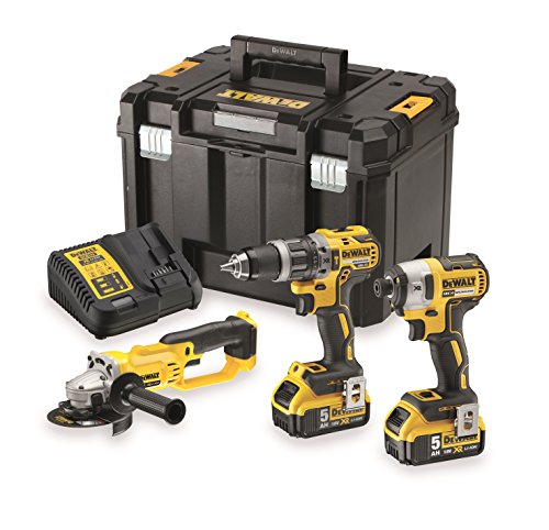 DEWALT DCK383P2T-QW - Kit de Herramientas XR, Taladro Percutor (DCD796), Amoladora (DCG412), Atornillador Impacto (DCF887), 2 Baterías Litio 5Ah (DCB184), Maletín TSTAK VI