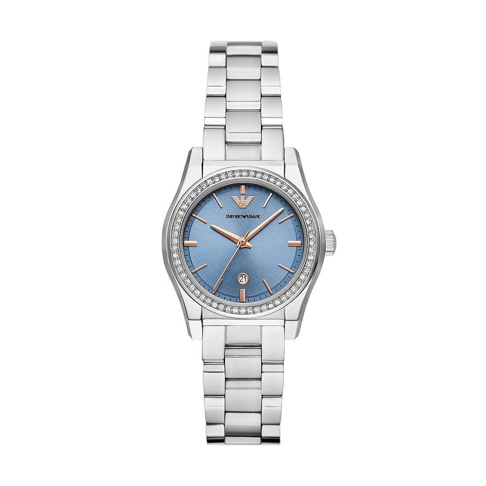 Emporio Armani Reloj para mujer de acero inoxidable con tres agujas y fecha, AR11593, Tono plata y azul