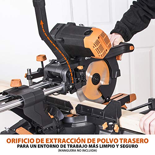 Evolution Power Tools R255SMS-DB ingletadora, Sierra ingletadora deslizante multimaterial de 255 mm, con doble bisel y paquete plus, hasta 300 mm x 90 mm, 5° a izquierda y derecha, inglete de 50°