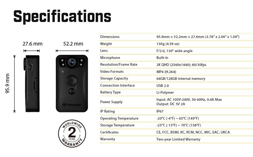 Transcend 128GB 1440P QHD Police Body Camera STARVIS 2 Sensor IP68 Weatherproof Body Worn Camera con estabilización de Imagen electrónica, visión Nocturna GPS TS128GDPB40A