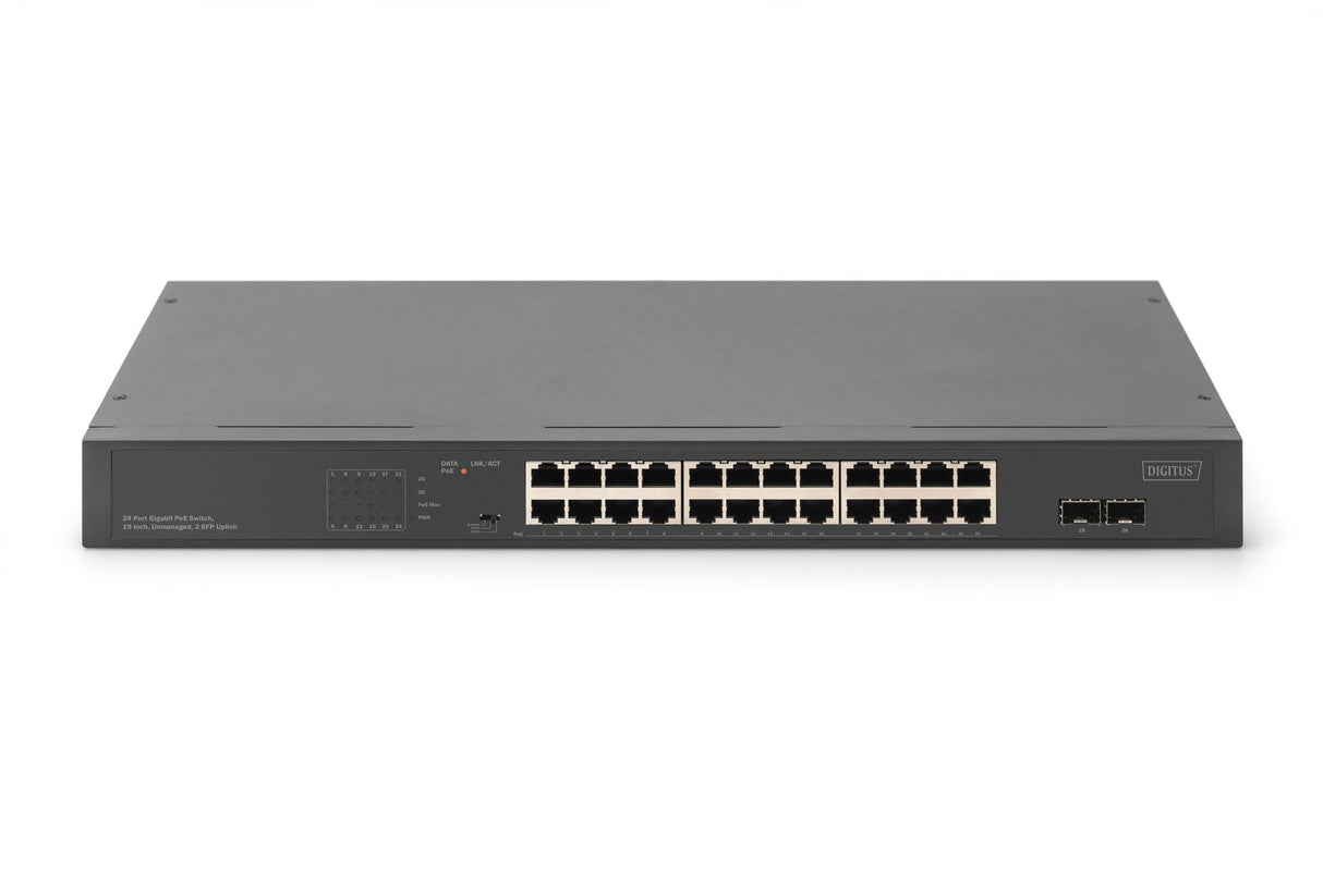 DIGITUS Conmutador de Red Ethernet PoE Gigabit de 24 Puertos - No gestionado - 24 Puertos RJ45 + 2 Puertos de Enlace Ascendente SFP - Presupuesto PoE de 370 W - Factor de Forma de 19 Pulgadas - Negro