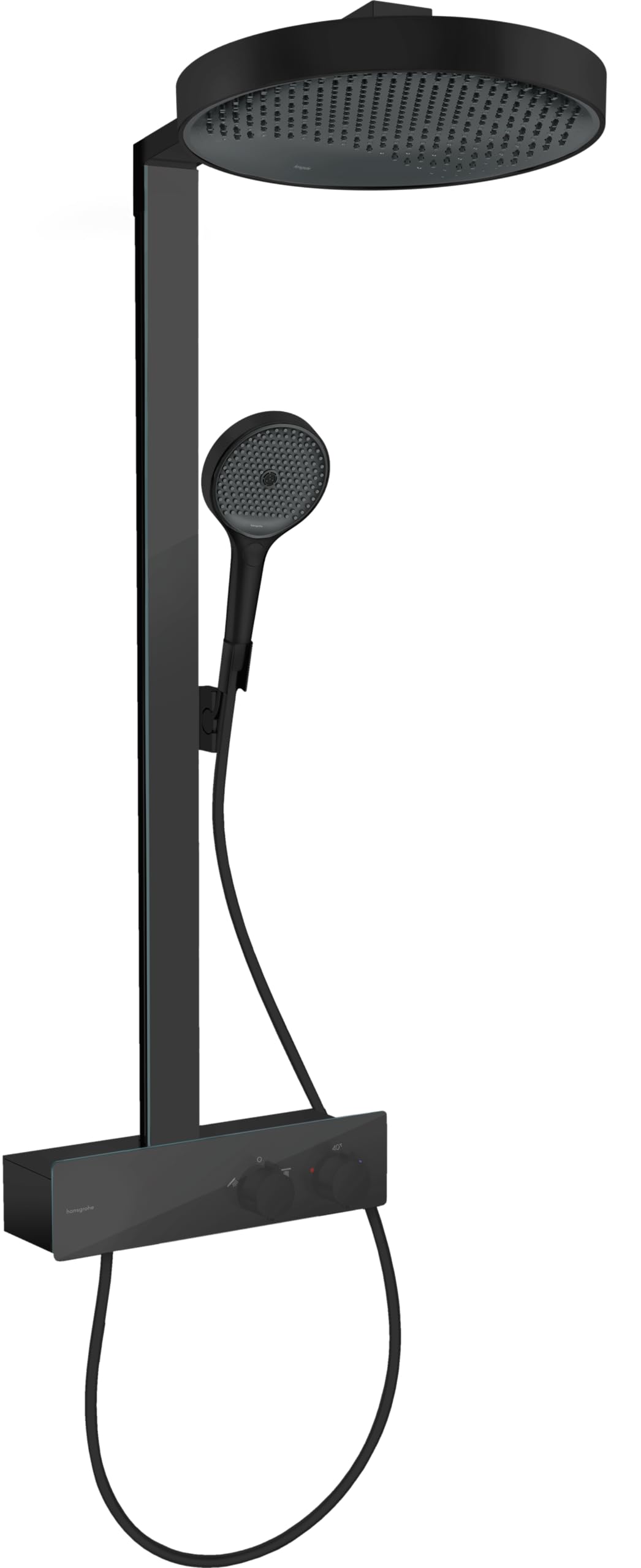 hansgrohe Rainfinity, sistema de ducha con termostato, ducha lluvia (360 mm) con grifo, ducha de mano (3 tipos de chorro), flexo, barra, ducha fija redondo (1 tipo de chorro), negro mate
