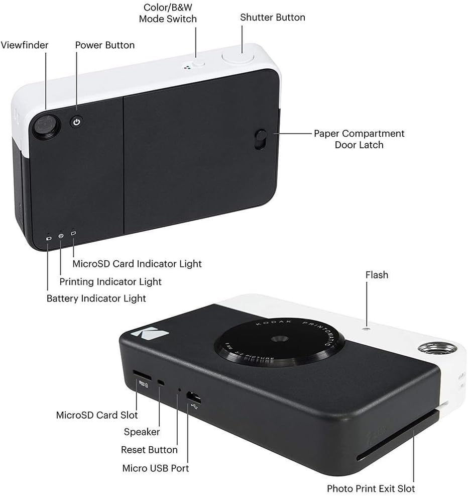 KODAK: Paquete cámara instantánea Printomatic (Negro) + Papel Zink (20 Hojas) + Funda álbum de Fotos + Marcos para Colgar + cómoda