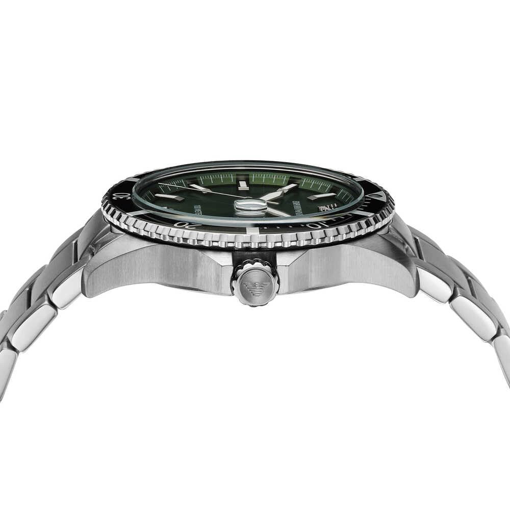 Emporio Armani Reloj Hombre, Movimiento de tres manecillas con fecha, caja de 42mm de acero inoxidable plateado con correa de acero inoxidable, AR11338, Tono plata y verde oscuro