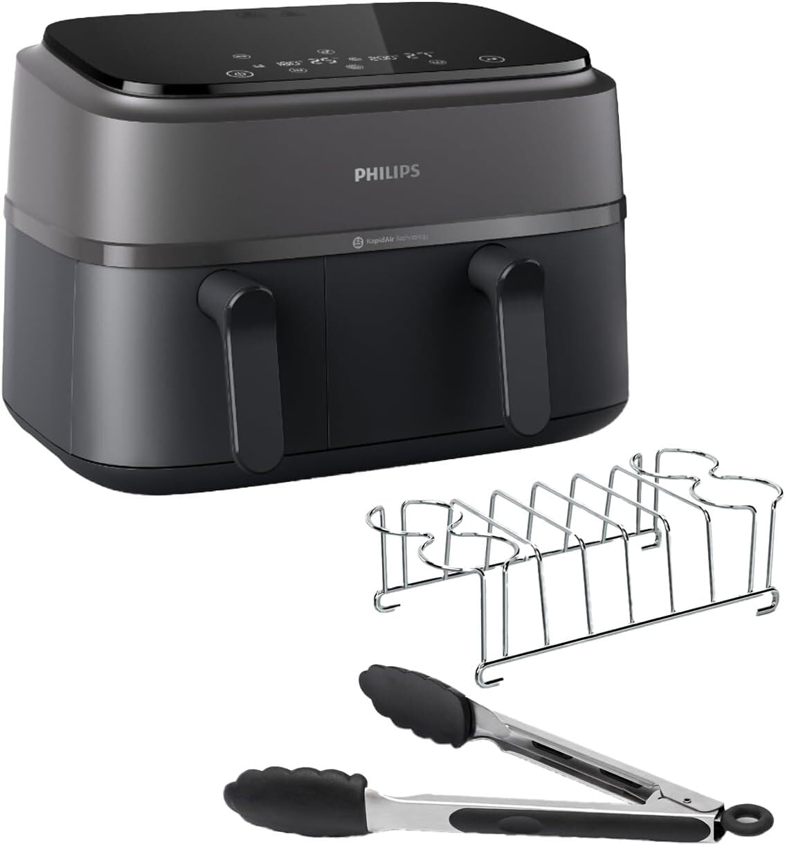 Philips Airfryer Dual Basket Serie 3000, 9L, Freidora de aire con 2 cestas, Kit Desayuno, Tecnología Rapid Air, 99% menos de grasa, ahorro de energía, ideal para familias, App HomeID (NA350/03)