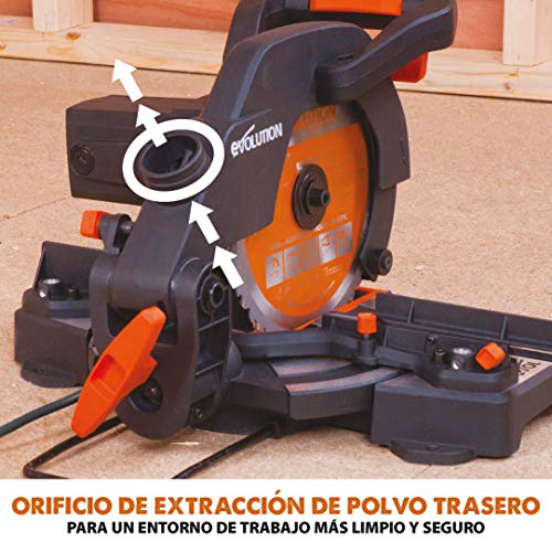 Evolution Power Tools R210CMS Multimaterial Sierra Ingletadora - Corta acero dulce, aluminio, plástico, madera con clavos incrustados, 210 mm