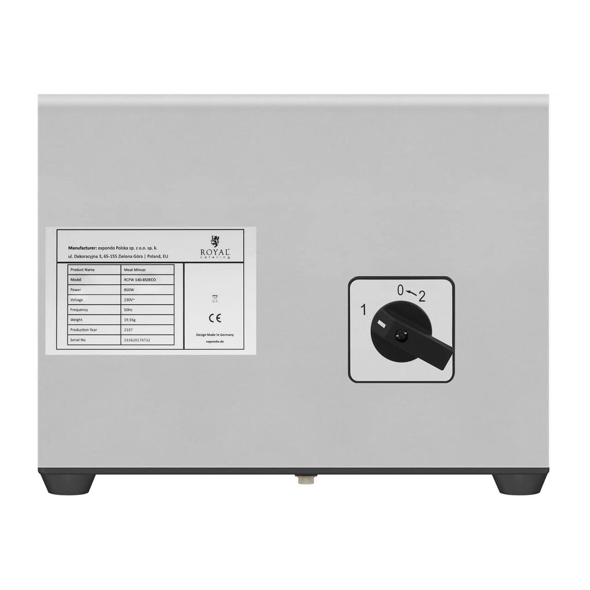 Royal Catering RCFW 140-850ECO Picadora de Carne Eléctrica Profesional (140 kg/h, 850 W, Marcha Retrógrada, Orificios de 6/8 mm, Acero Inoxidable) ECO