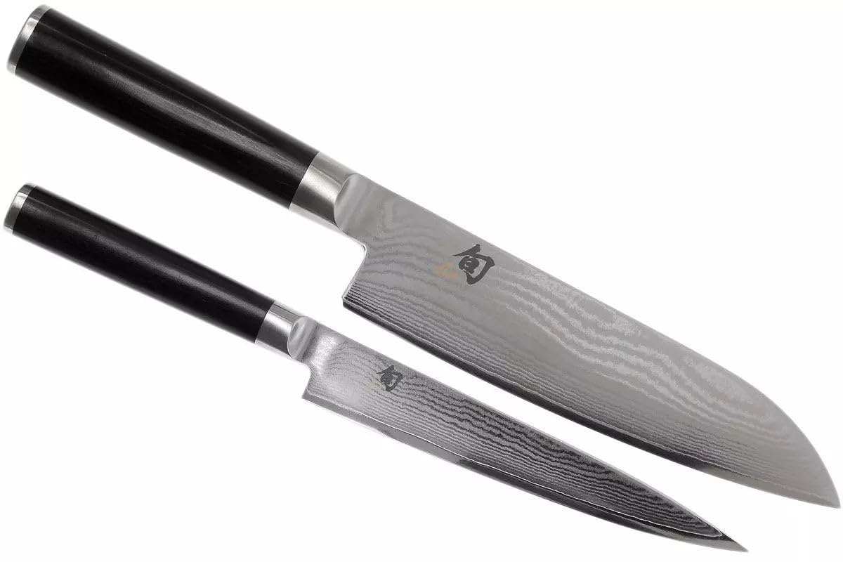 KAI Shun Classic Juego de cuchillos de chef japonés 2 piezas - Santoku con hoja de 18 cm + Cuchillo multiusos con hoja de 15 cm - Cuchillo de Damasco de 32 capas con núcleo VG MAX - 61 HRC