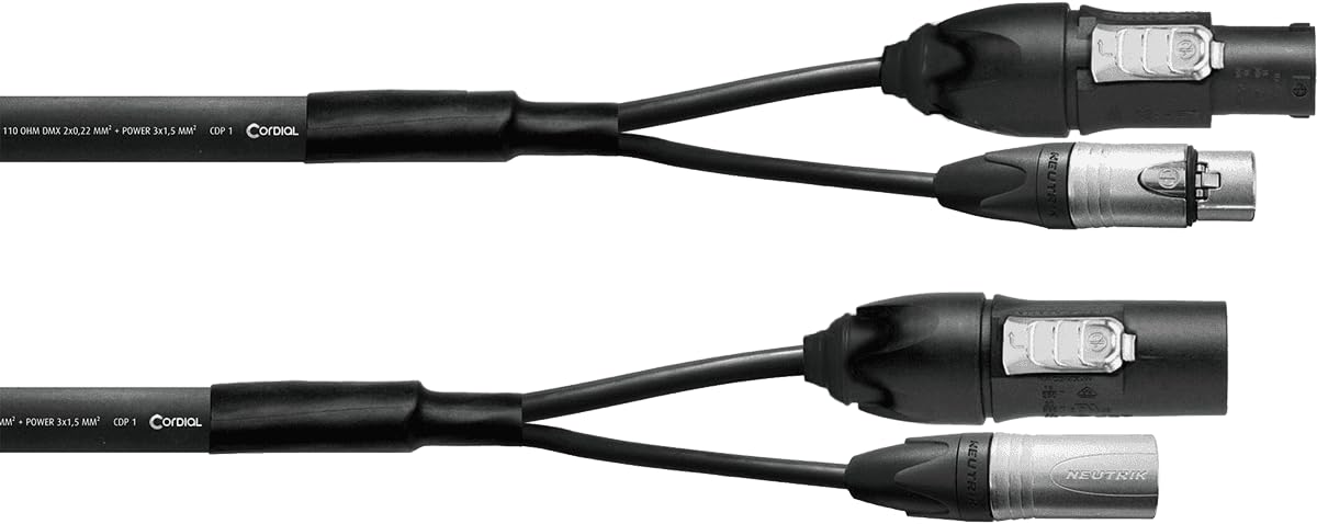 CORDIAL - ELC CPH1.5-DMX1-PWR1-T1 - Cable DMX XLR 3 pines + Powercon True1-1,5 m, Conectores NAC3 h/m X W TOP L + XLR NC3 XX h/m - 1,50 mm²