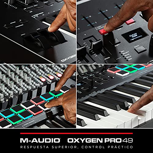 M-Audio Oxygen Pro 49 - teclado controlador MIDI USB con 49 teclas, beat pads, perillas asignables de MIDI, botones y faders, más pack de sonidos de Native Instruments (integración de NKS)