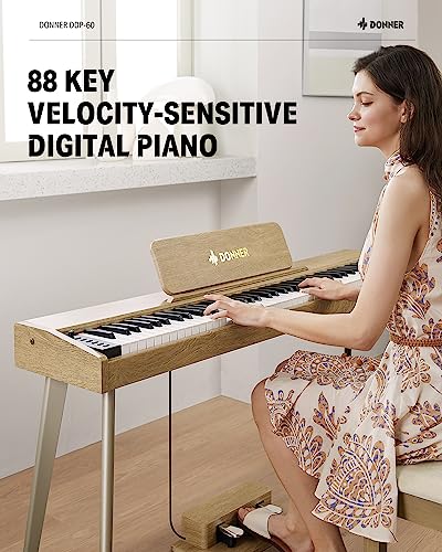 Donner DDP-60 Teclado eléctrico de piano digital de 88 teclas con teclas sensibles a la velocidad, 2 altavoces de 15 W, 128 voces, 83 ritmos, 8 efectos de reverberación, 5 curvas de intensidad